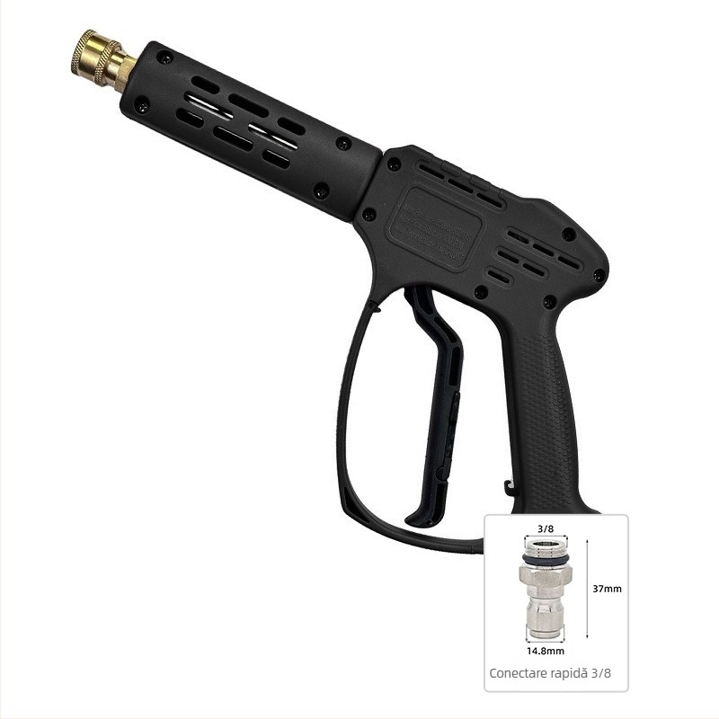 Cap pistolă pentru spălare auto cu presiune înaltă – corp din plastic; cuplă din cupru; duză din aliaj; mâner cu priză pentru deget; tip jet: ventilator sau jet de apă
