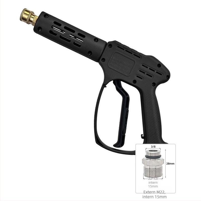 Cap pistolă pentru spălare auto cu presiune înaltă – corp din plastic; cuplă din cupru; duză din aliaj; mâner cu priză pentru deget; tip jet: ventilator sau jet de apă