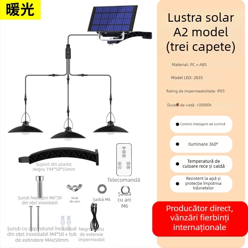 Lustra LED solară pentru exterior, decor grădină, IP65, 15W, autonomie 6–12h, senzor de lumină, model A2