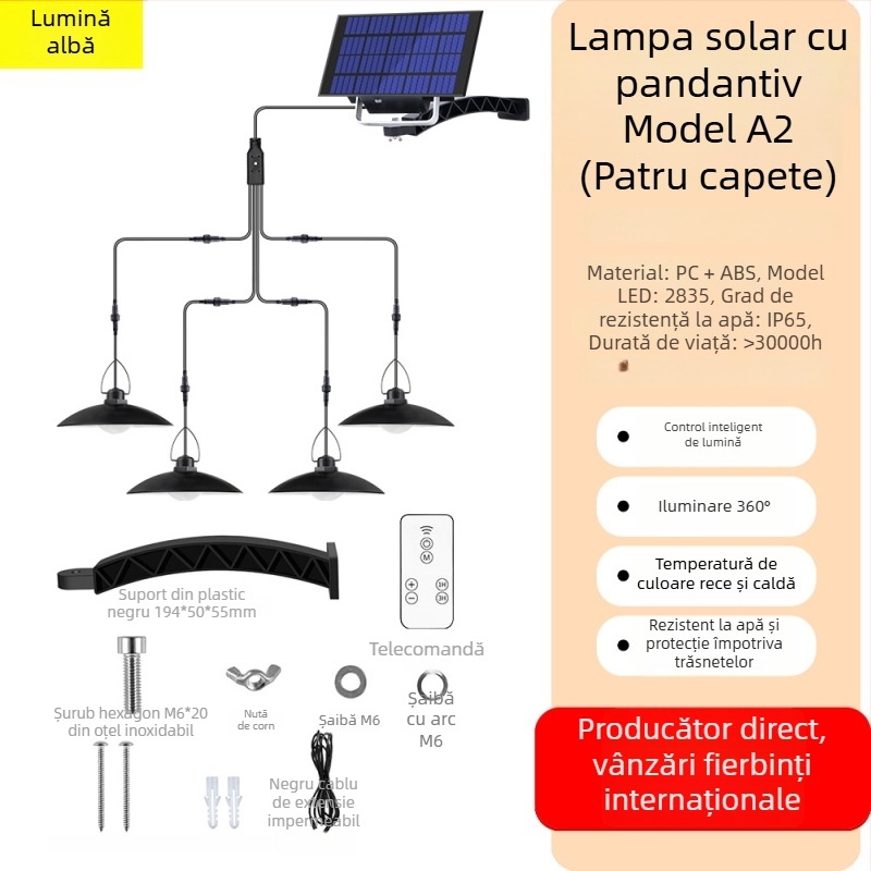 Lustra LED solară pentru exterior, decor grădină, IP65, 15W, autonomie 6–12h, senzor de lumină, model A2