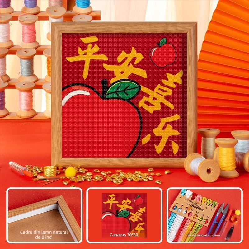 Set broderie cu cruce pentru copii, DIY, cu ramă — pânză 11ct, folie de plastic, model în stil chinezesc