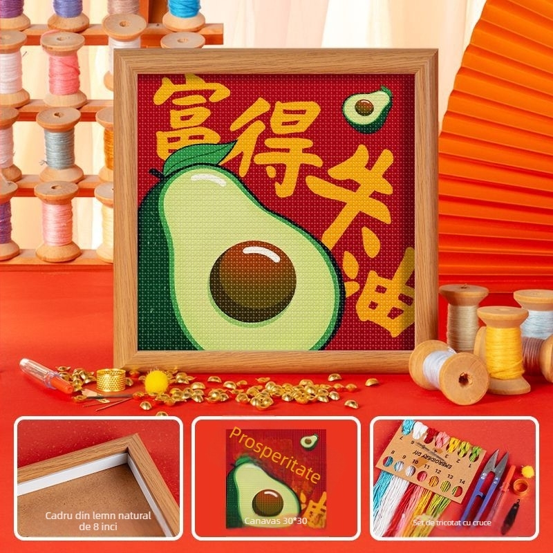 Set broderie cu cruce pentru copii, DIY, cu ramă — pânză 11ct, folie de plastic, model în stil chinezesc