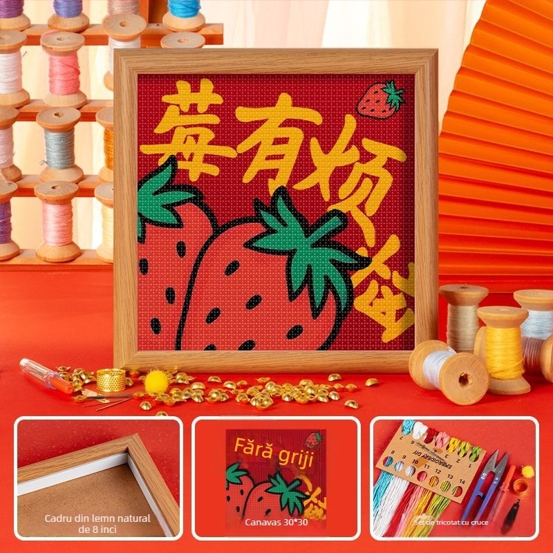 Set broderie cu cruce pentru copii, DIY, cu ramă — pânză 11ct, folie de plastic, model în stil chinezesc