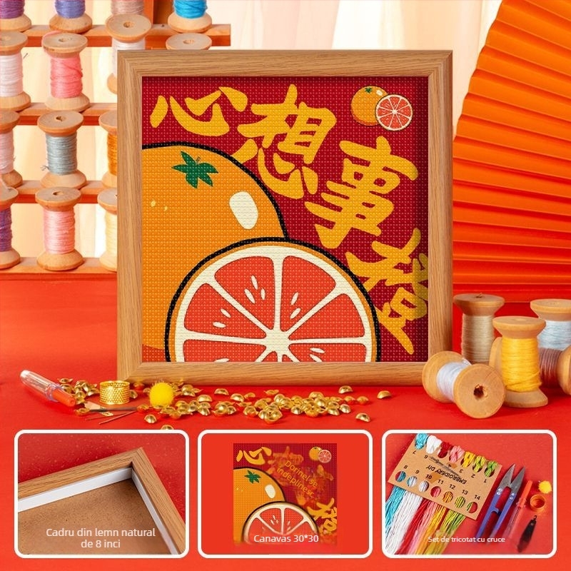Set broderie cu cruce pentru copii, DIY, cu ramă — pânză 11ct, folie de plastic, model în stil chinezesc