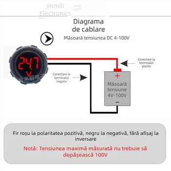 Voltmetru circular impermeabil cu afișaj LED, DC 4–100V, două fire, universal pentru vehicule electrice, model JML30F-DV1