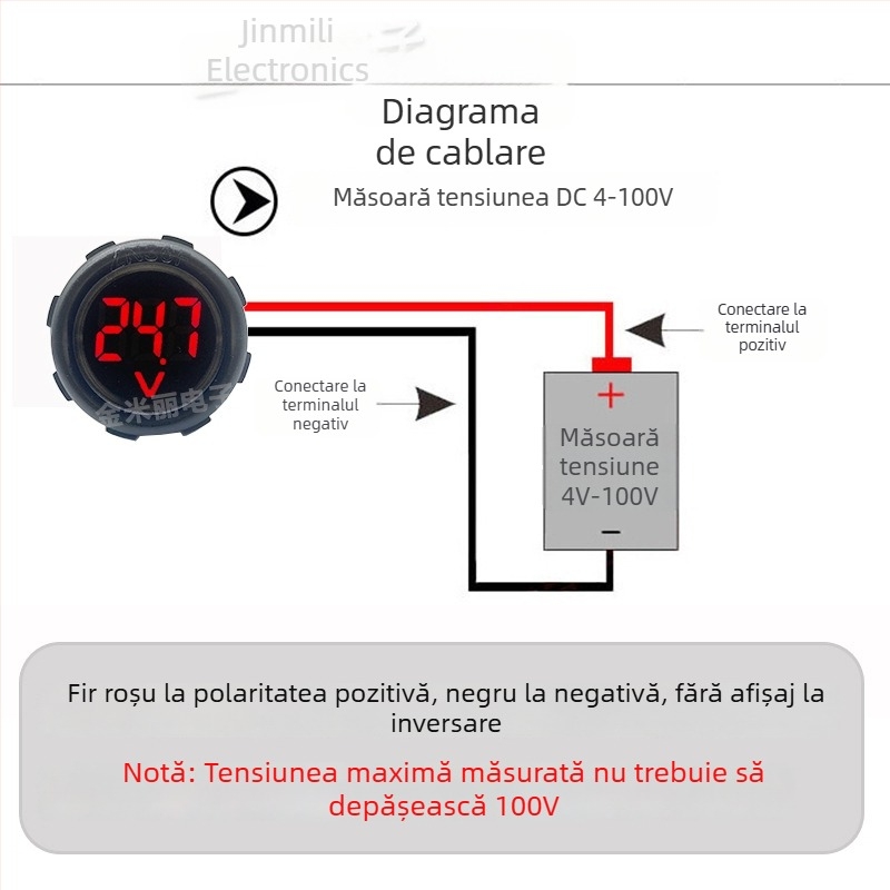 Voltmetru circular impermeabil cu afișaj LED, DC 4–100V, două fire, universal pentru vehicule electrice, model JML30F-DV1