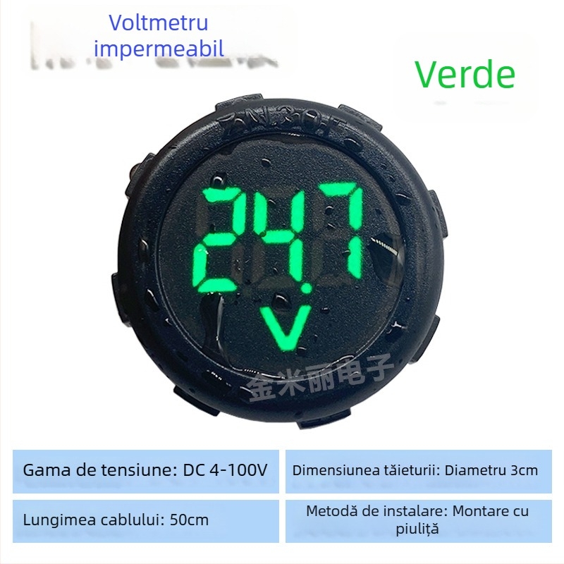 Voltmetru circular impermeabil cu afișaj LED, DC 4–100V, două fire, universal pentru vehicule electrice, model JML30F-DV1