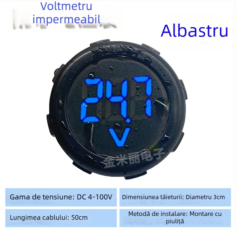 Voltmetru circular impermeabil cu afișaj LED, DC 4–100V, două fire, universal pentru vehicule electrice, model JML30F-DV1