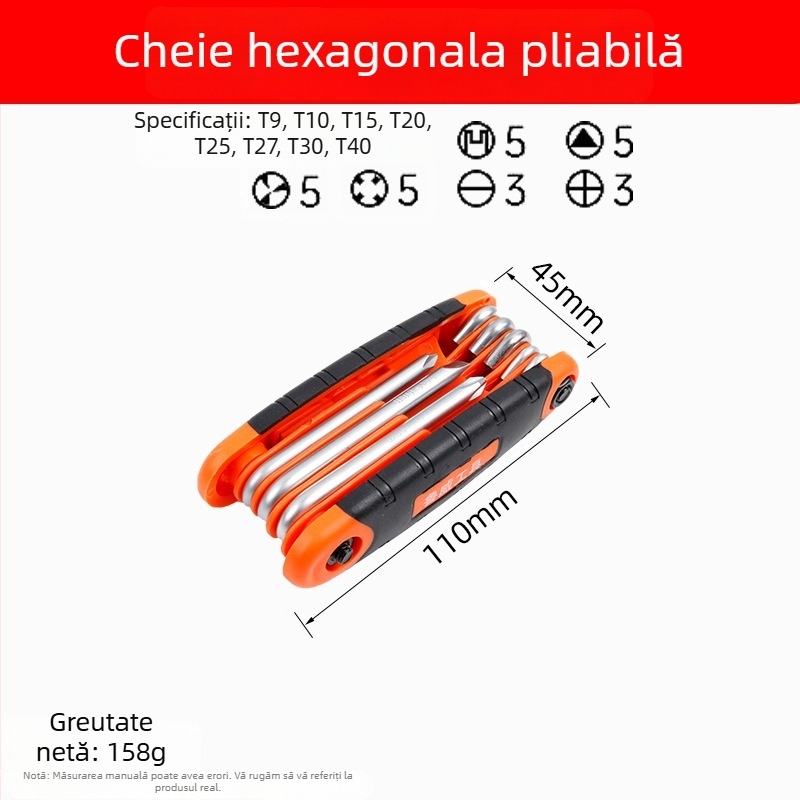Set de chei hexagonale pliabile, cu capete interne, din oțel crom-vanadiu