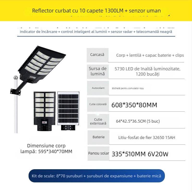 Lumină solară de stradă integrată, 30W, IP65 rezistentă la apă, telecomandă, autonomie 24–36h