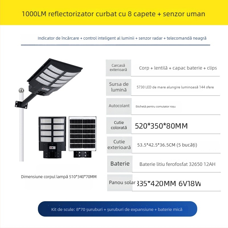 Lumină solară de stradă integrată, 30W, IP65 rezistentă la apă, telecomandă, autonomie 24–36h