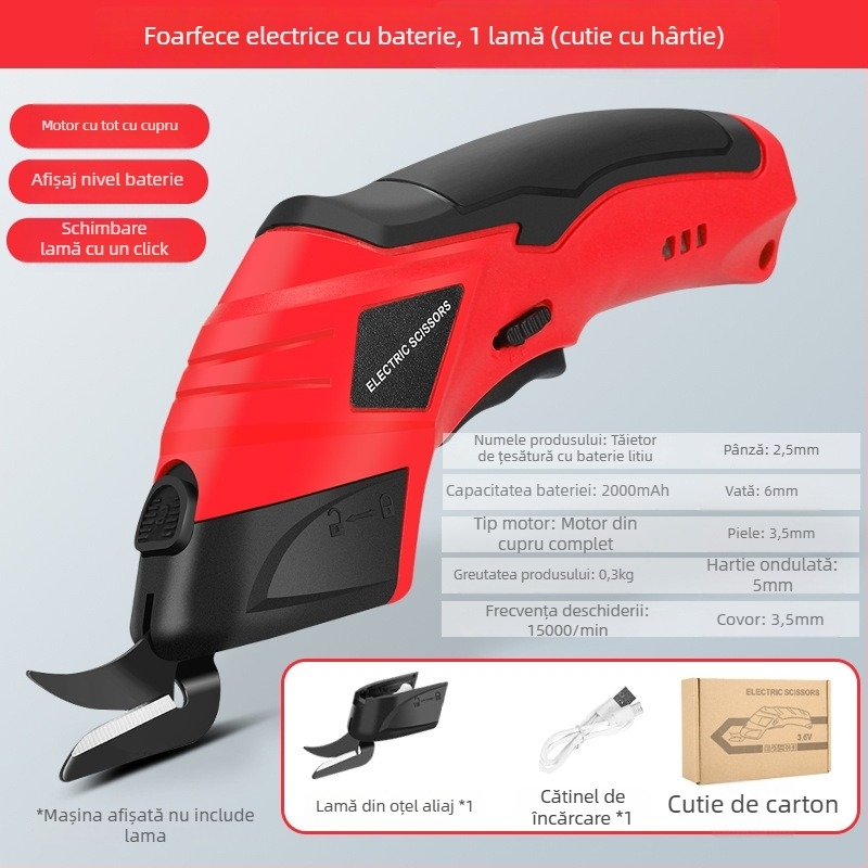 Foarfecă electrică pentru țesături - fără fir, baterie litiu reîncărcabilă, 4,2V, pentru piele, carton, țesătură, covoare