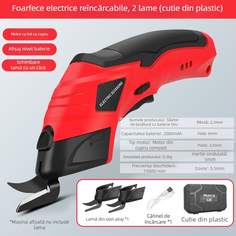 Foarfecă electrică pentru țesături - fără fir, baterie litiu reîncărcabilă, 4,2V, pentru piele, carton, țesătură, covoare