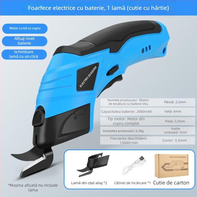 Foarfecă electrică pentru țesături - fără fir, baterie litiu reîncărcabilă, 4,2V, pentru piele, carton, țesătură, covoare