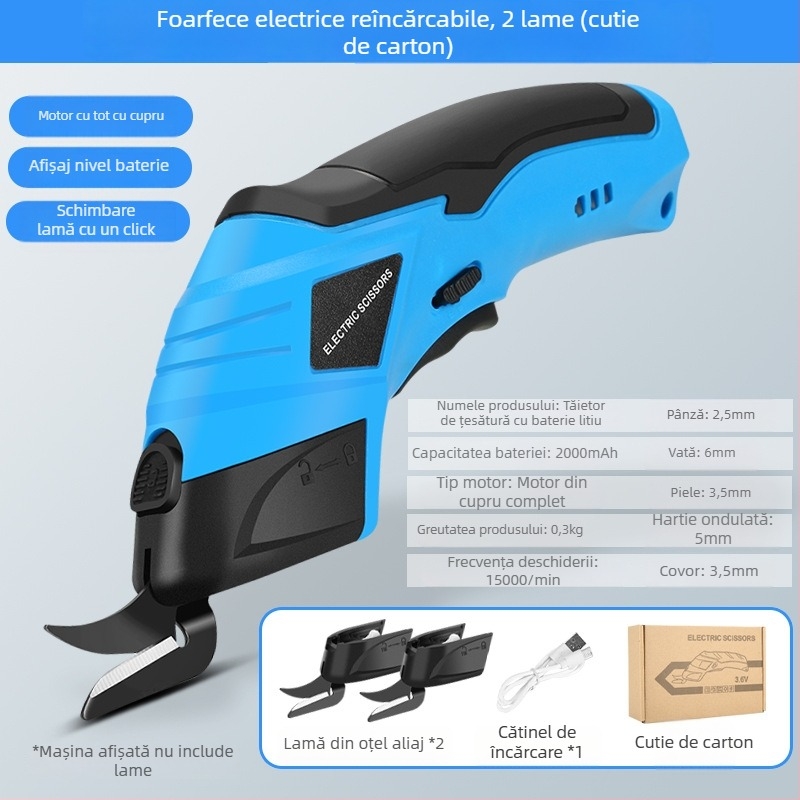 Foarfecă electrică pentru țesături - fără fir, baterie litiu reîncărcabilă, 4,2V, pentru piele, carton, țesătură, covoare