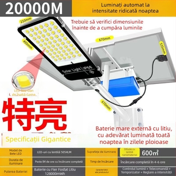 Iluminat stradal solar exterior, cu telecomandă – LED 15W, IP65, autonomie 16–24 h