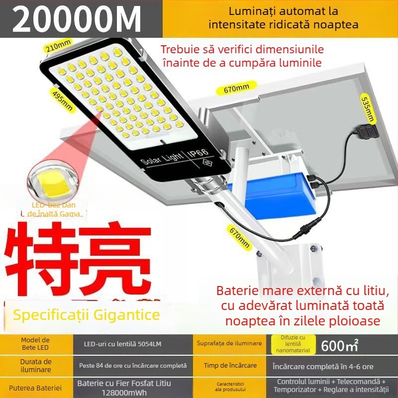 Iluminat stradal solar exterior, cu telecomandă – LED 15W, IP65, autonomie 16–24 h