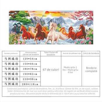 Set de broderie cu crucișă cu fire pre-sortate – pânză 9ct, folie de plastic, peisaj cu opt cai, broderie proprie pentru living, model 2025