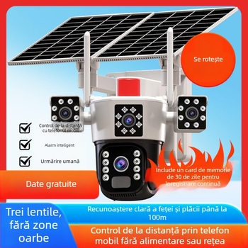 Cameră alimentată solar cu acoperire de 360° fără unghiuri moarte, control de pe smartphone, funcționează offline, vedere de noapte în exterior, rezoluție 1080p/5MP/3MP