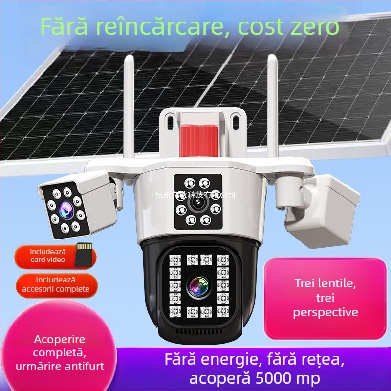 Cameră alimentată solar cu acoperire de 360° fără unghiuri moarte, control de pe smartphone, funcționează offline, vedere de noapte în exterior, rezoluție 1080p/5MP/3MP