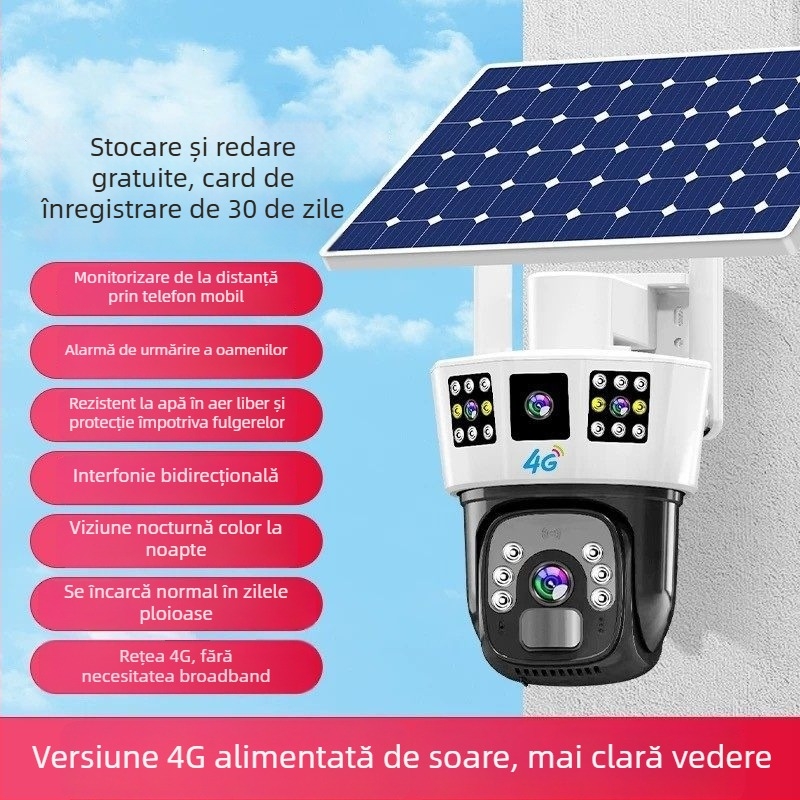 Cameră alimentată solar cu acoperire de 360° fără unghiuri moarte, control de pe smartphone, funcționează offline, vedere de noapte în exterior, rezoluție 1080p/5MP/3MP