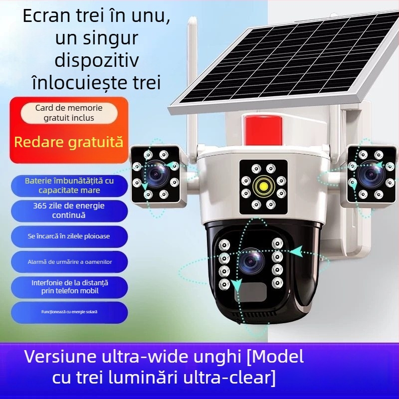 Cameră alimentată solar cu acoperire de 360° fără unghiuri moarte, control de pe smartphone, funcționează offline, vedere de noapte în exterior, rezoluție 1080p/5MP/3MP