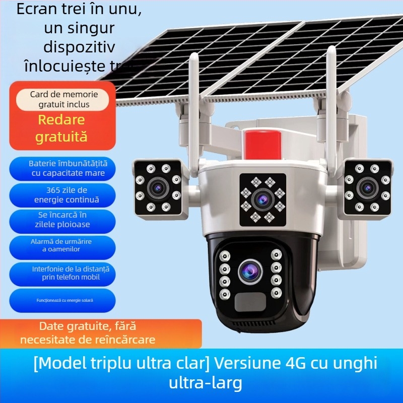 Cameră alimentată solar cu acoperire de 360° fără unghiuri moarte, control de pe smartphone, funcționează offline, vedere de noapte în exterior, rezoluție 1080p/5MP/3MP