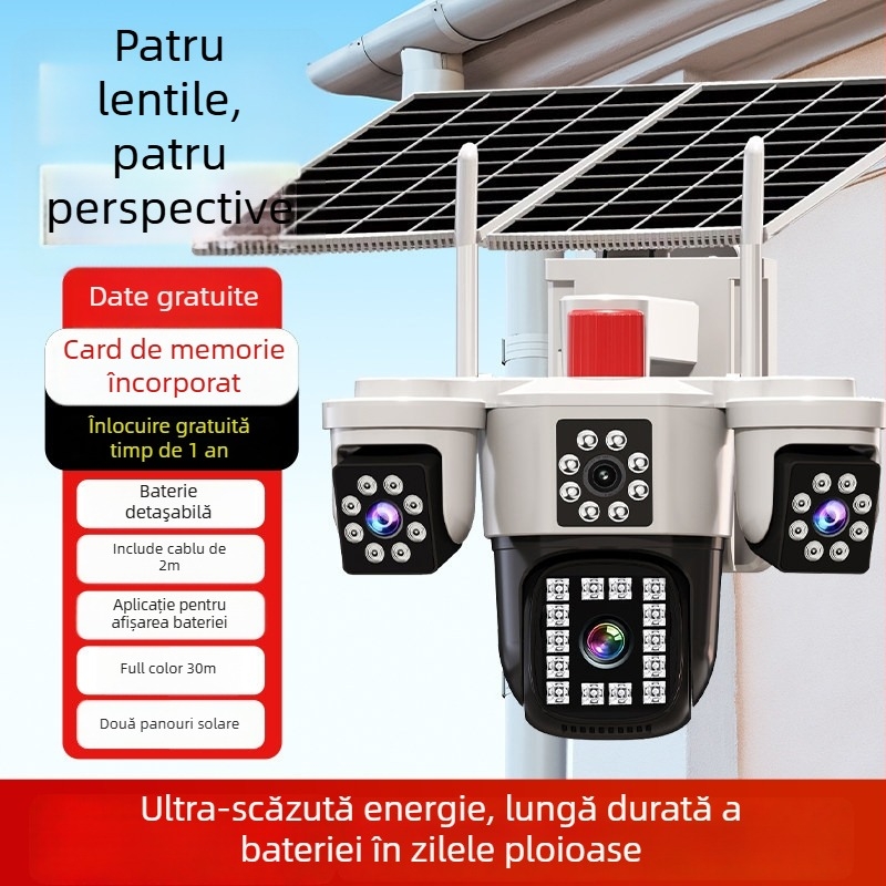 Cameră alimentată solar cu acoperire de 360° fără unghiuri moarte, control de pe smartphone, funcționează offline, vedere de noapte în exterior, rezoluție 1080p/5MP/3MP