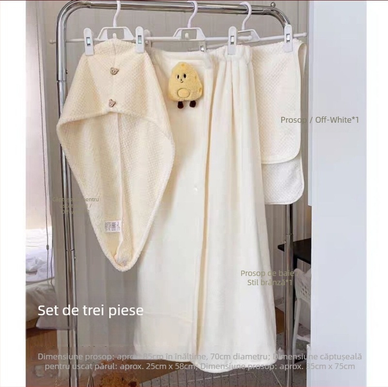 Halat de baie pentru femei — vară, absorbant, uscare rapidă, fleece coral, prosop de înfășurat, set de trei piese