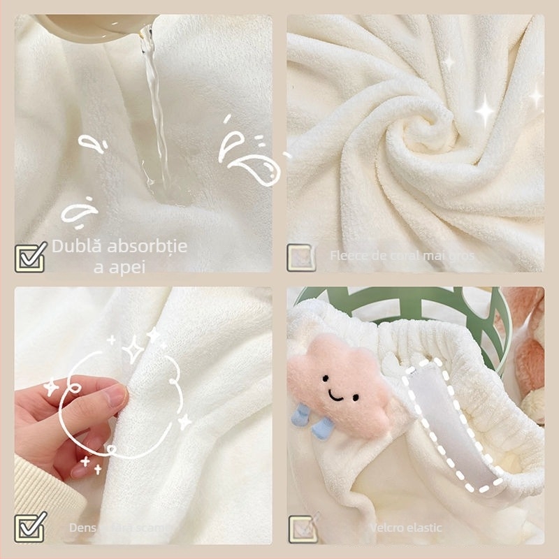 Halat de baie pentru femei — vară, absorbant, uscare rapidă, fleece coral, prosop de înfășurat, set de trei piese