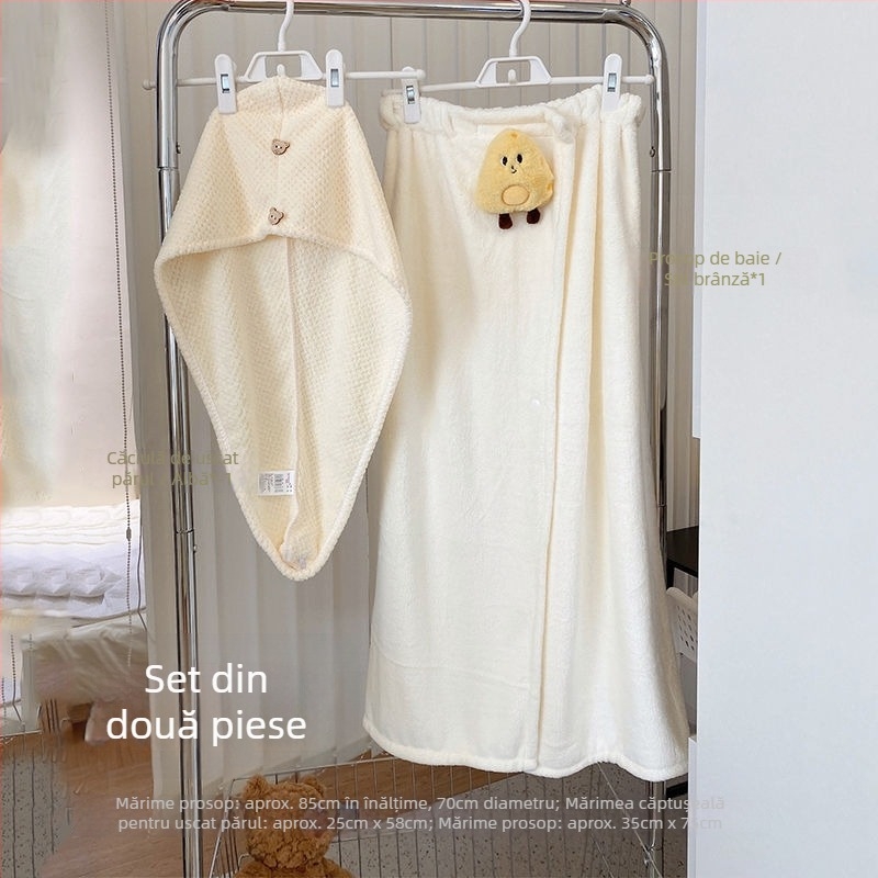 Halat de baie pentru femei — vară, absorbant, uscare rapidă, fleece coral, prosop de înfășurat, set de trei piese