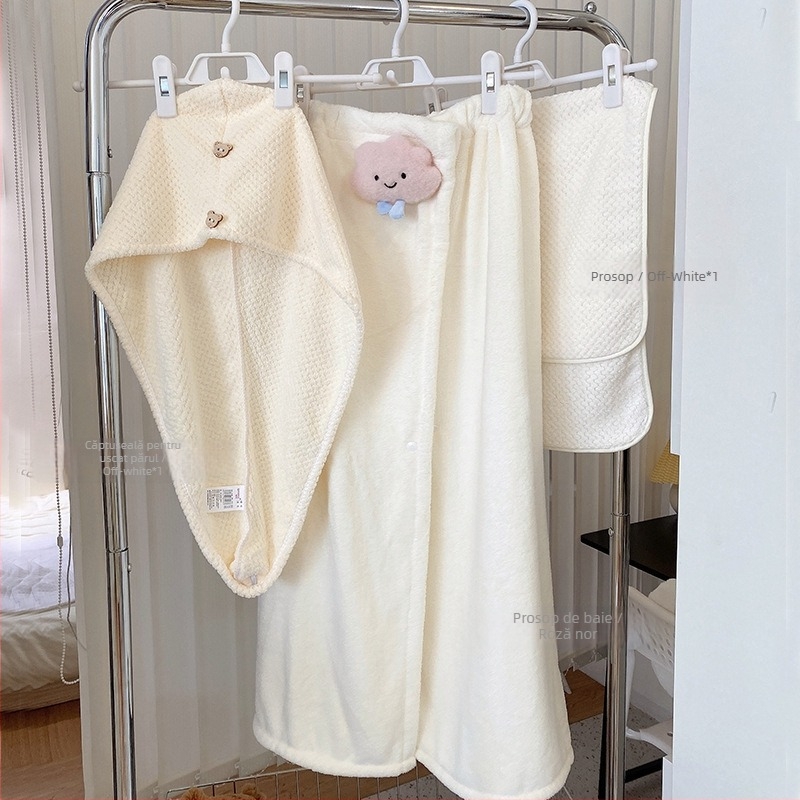 Halat de baie pentru femei — vară, absorbant, uscare rapidă, fleece coral, prosop de înfășurat, set de trei piese