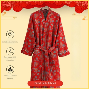 Halat de baie din bumbac 100%, cu dublu strat de țesătură din muselină, pentru cuplu, unisex, toamnă