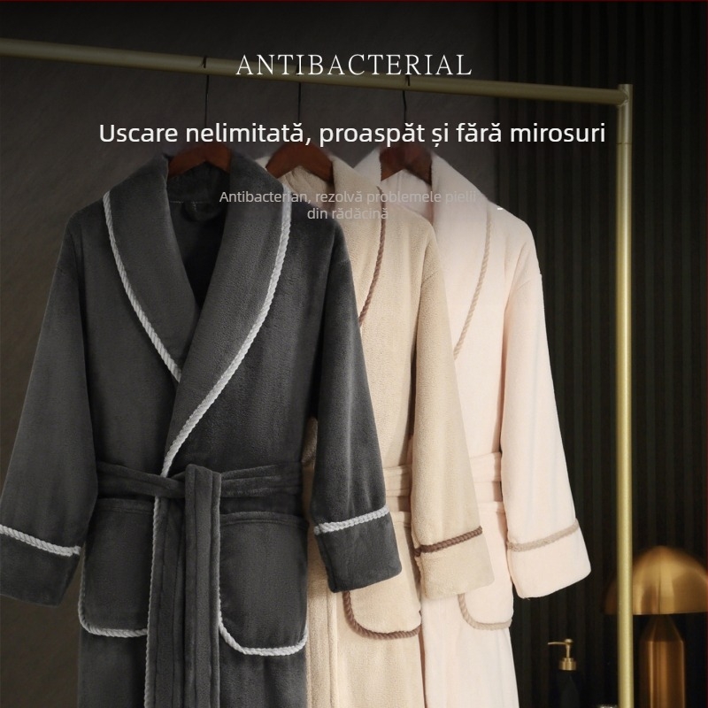 Halat de baie pentru cuplu, fleece coral, unisex, iarnă, lung, 100% poliester