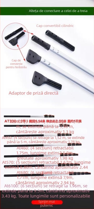 Țeavă telescopică cu aliaj oval de aluminiu, fierăstrău pentru crengi înalte și tăietor de crengi, 3–6 secțiuni