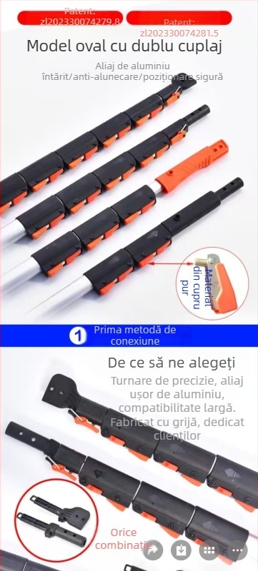 Țeavă telescopică cu aliaj oval de aluminiu, fierăstrău pentru crengi înalte și tăietor de crengi, 3–6 secțiuni