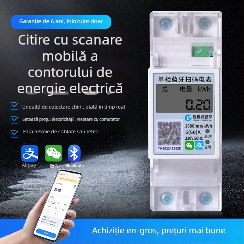 Energie electrică casnică, monofazată, montaj pe DIN-rail, Bluetooth și 4G, plată în avans pentru camere închiriate
