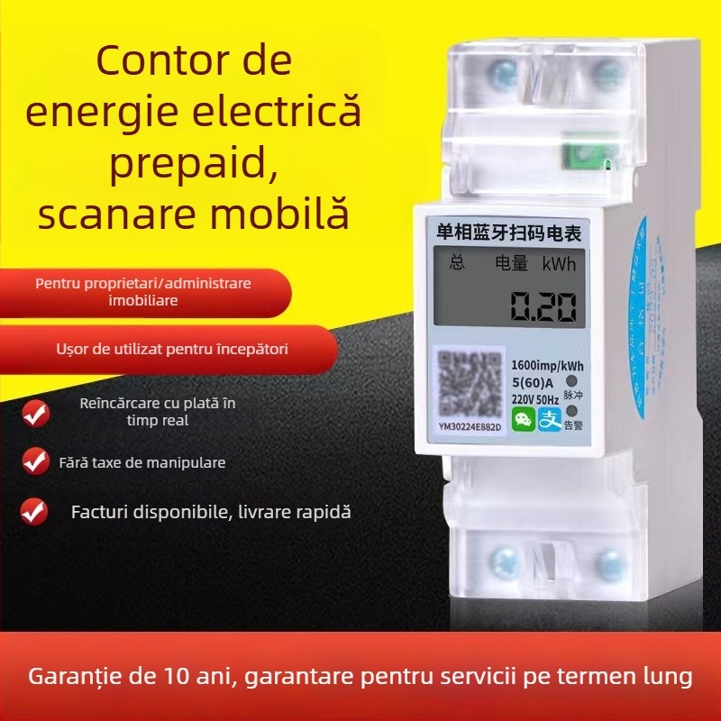Energie electrică casnică, monofazată, montaj pe DIN-rail, Bluetooth și 4G, plată în avans pentru camere închiriate