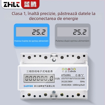 Contor electric montat pe șină, trifazat cu patru conductori, 7P, 380V, contor de energie de tip transformator