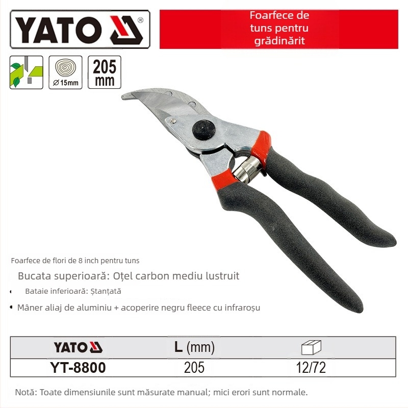 Yato Foarfete de tăiere pentru flori și pomi fructiferi, foarfecă de altoire, tăierea crengilor groase, mâner din oțel cu carbon mediu