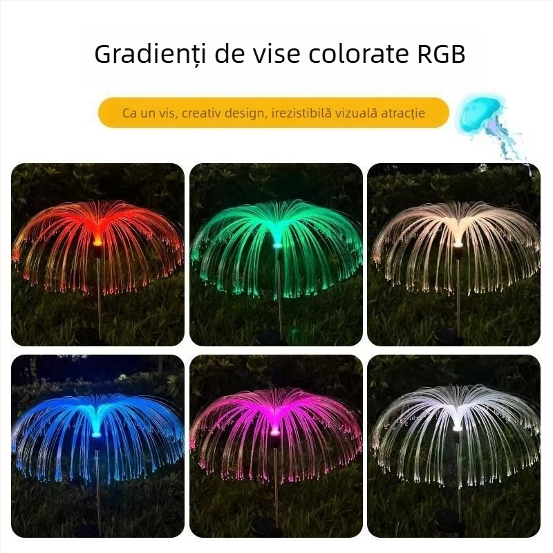 Lampă solară tip meduză pentru exterior cu fibră optică – IP65, 5–10W, oțel inoxidabil, zonă de iluminare 3–5 m², autonomie 6–12 ore