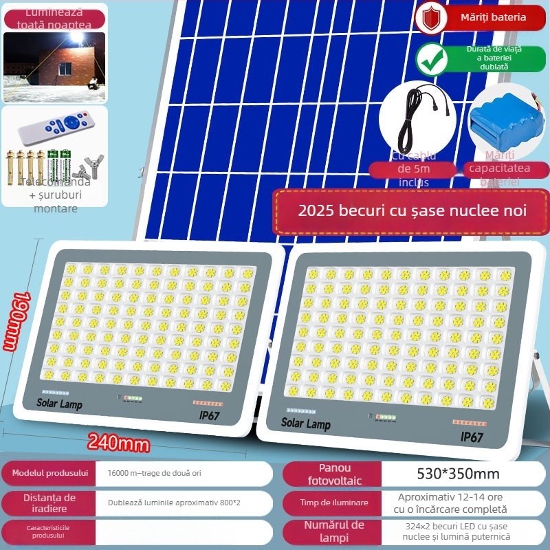 Lumină solară de exterior pentru grădină, IP67, control de la distanță, 6V, rază de iluminare peste 200 m², timp de funcționare 12–16 ore, Fire Dragon