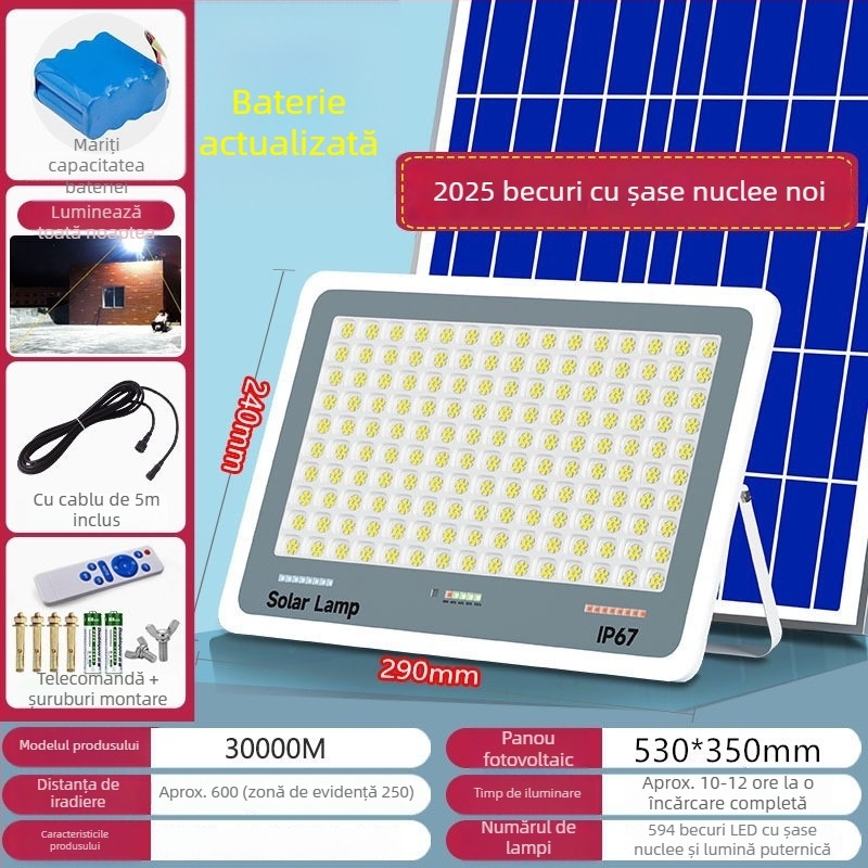 Lumină solară de exterior pentru grădină, IP67, control de la distanță, 6V, rază de iluminare peste 200 m², timp de funcționare 12–16 ore, Fire Dragon