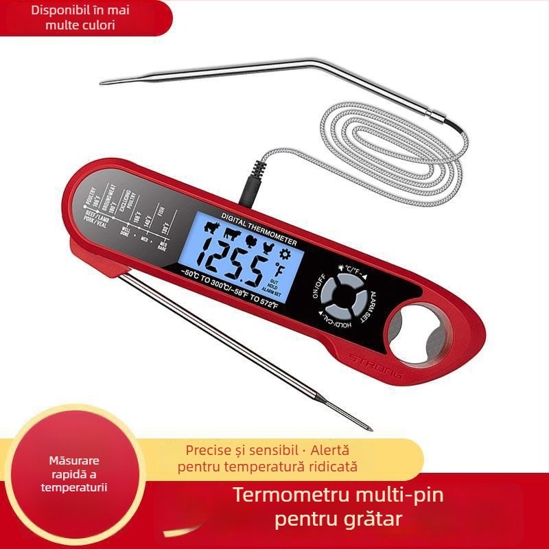 Termometru de bucătărie pliabil, impermeabil, cu sondă dublă pentru carne la grătar și gătit