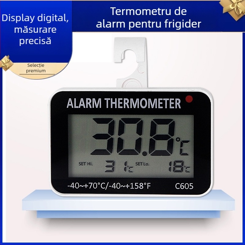 C605 Monitor de Temperatură Interior/Exterior cu Alarmă pentru Frigider și Controlul Temperaturii (-40 la 70°C)