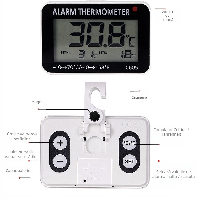 C605 Monitor de Temperatură Interior/Exterior cu Alarmă pentru Frigider și Controlul Temperaturii (-40 la 70°C)