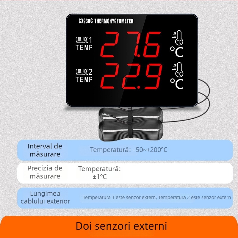 Termometru dublu pentru apă, cu ecran mare, senzor, pentru creștere animalelor și depozitare la rece