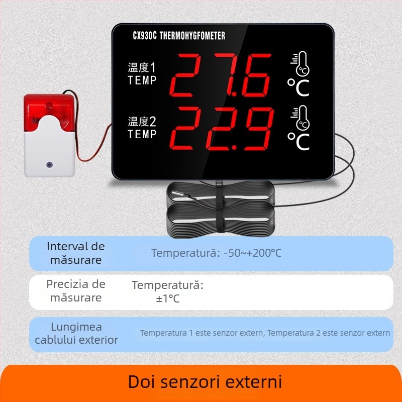 Termometru dublu pentru apă, cu ecran mare, senzor, pentru creștere animalelor și depozitare la rece