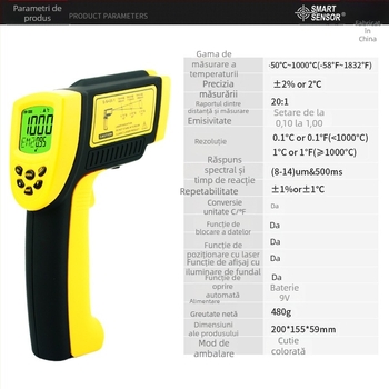 Termometru infraroșu AR862D+ — portabil pentru uz industrial, interval -50℃ până la 1000℃, precizie ±2℃/2%, rezoluție 0.1℃, afișaj LCD, timp de răspuns 500 ms