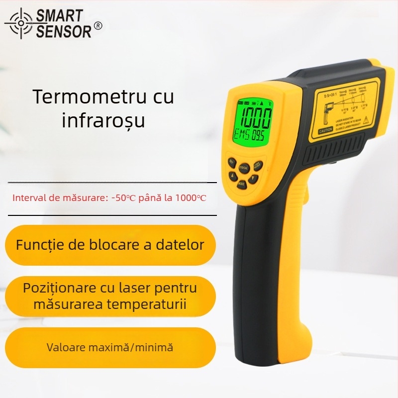 Termometru infraroșu AR862D+ — portabil pentru uz industrial, interval -50℃ până la 1000℃, precizie ±2℃/2%, rezoluție 0.1℃, afișaj LCD, timp de răspuns 500 ms